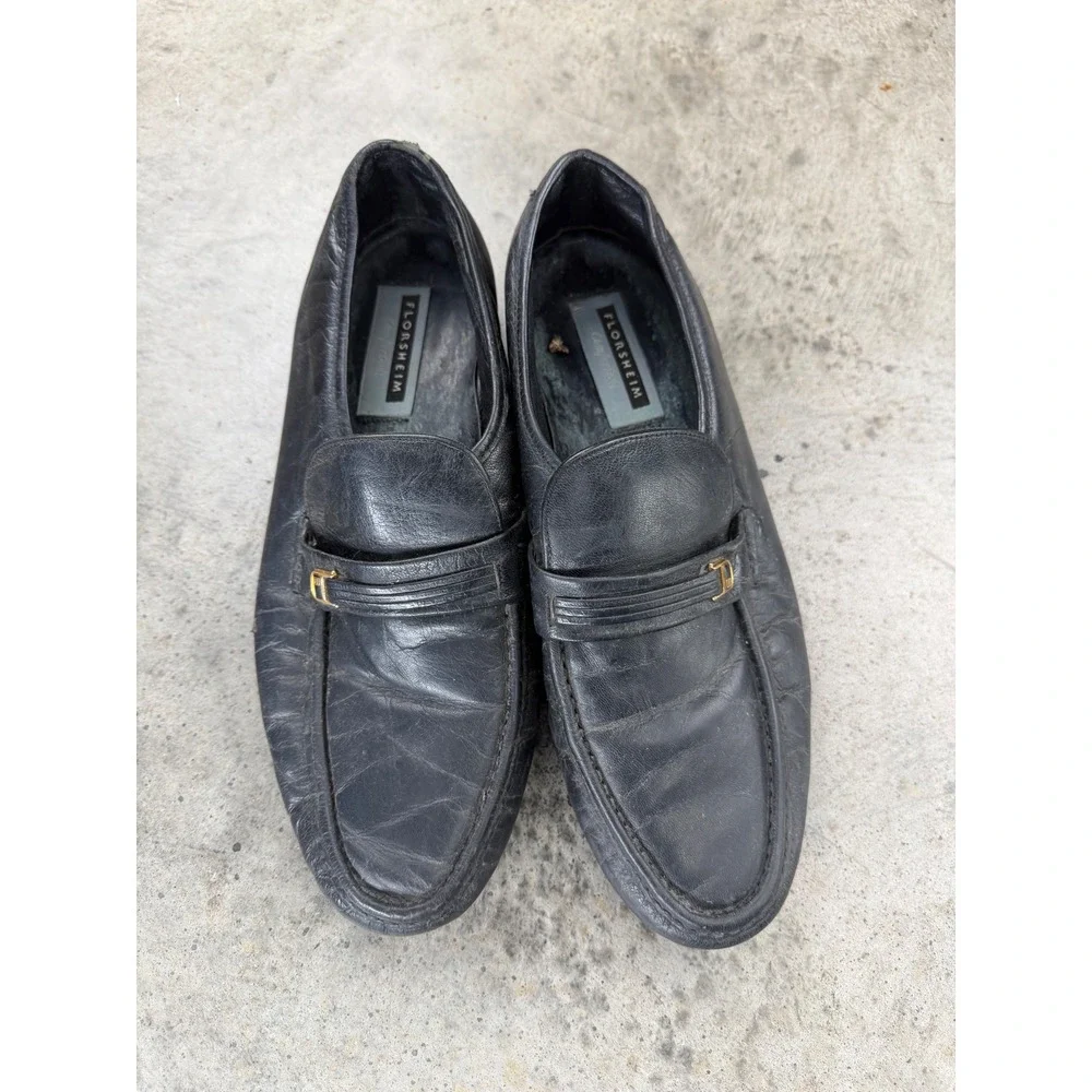 Vintage Florsheim Comfortech Mens Black Leather Loafers Gold Hardware 11 D Milan